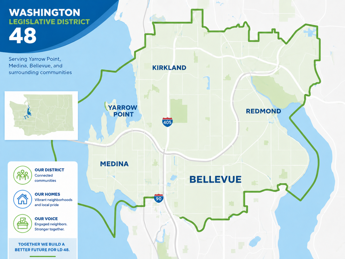 Map of Washington's 48th Legislative District, including Bellevue, Kirkland, Medina, Redmond, and Yarrow Point